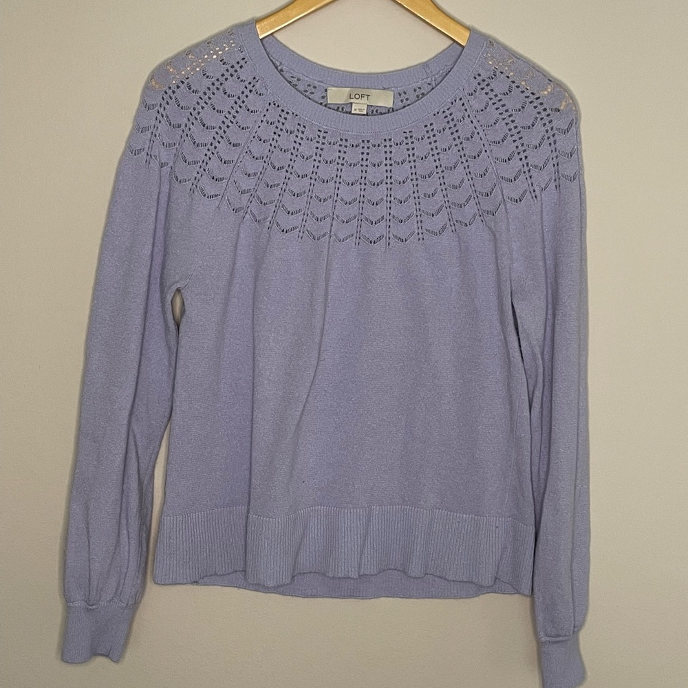Shimmery periwinkle sweater with shoulder detail